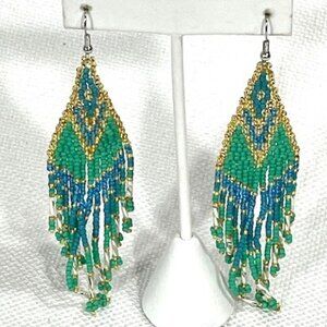 Boho multicolor beaded long dangle earrings.